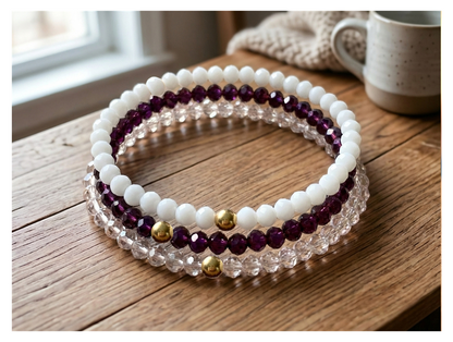 Handmade with Love Plum and Crystal-style Beaded Bracelet Set