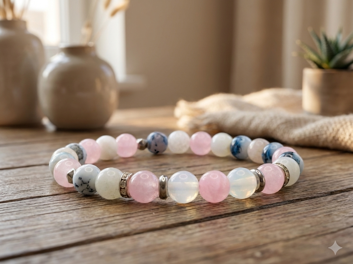Beaded bracelets on a wooden surface with a blurred indoor background
