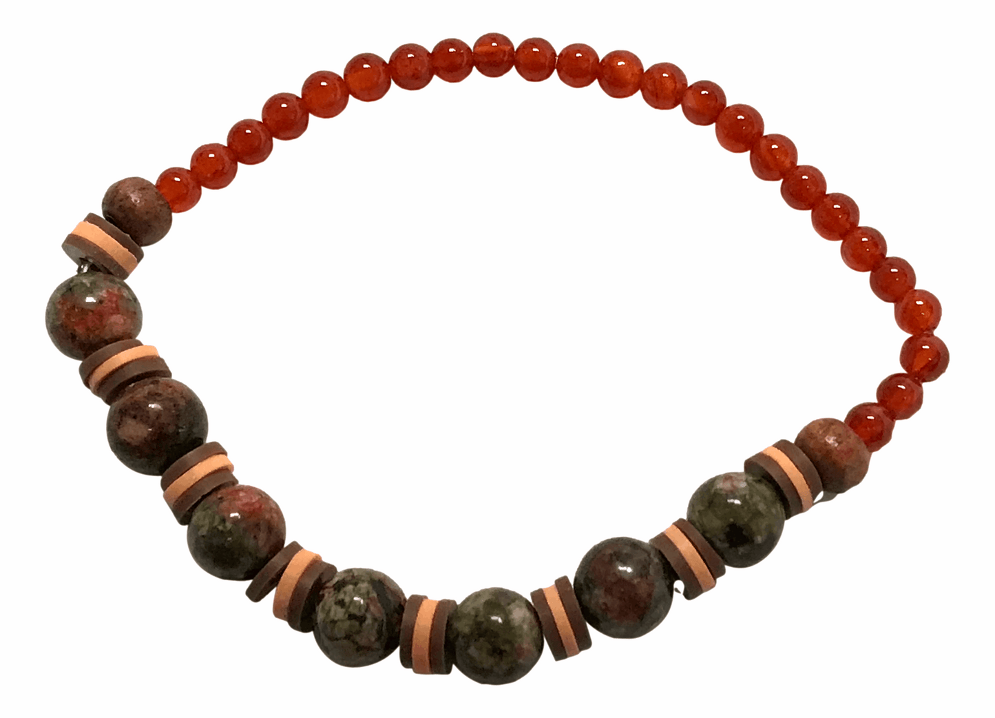 Handmade Beaded Bracelet – Earthy Green, Brown & Red Beads Tones with Tan Disc Spacers