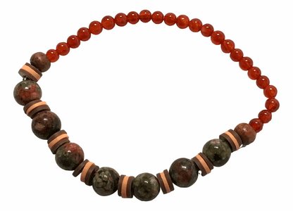 Handmade Beaded Bracelet – Earthy Green, Brown & Red Beads Tones with Tan Disc Spacers