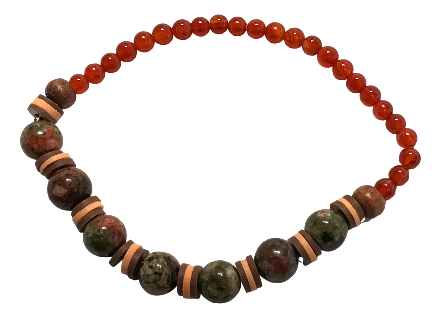 Handmade Beaded Bracelet – Earthy Green, Brown & Red Beads Tones with Tan Disc Spacers