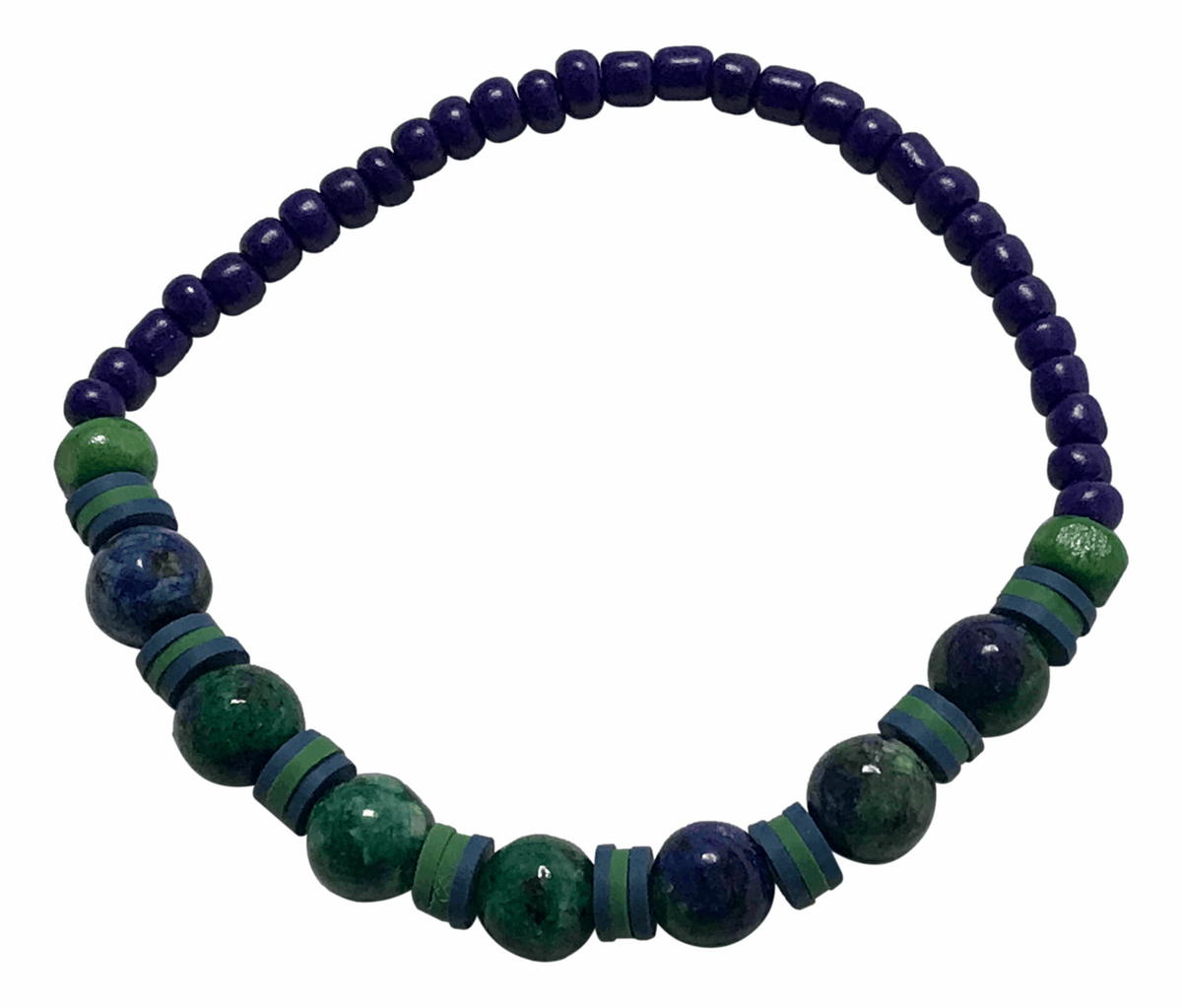 Handmade Azurite Malachite Beaded Bracelet - Natural Blue Green Gemstone Jewelry - Boho Style with Matching Heishi Disc Spacers