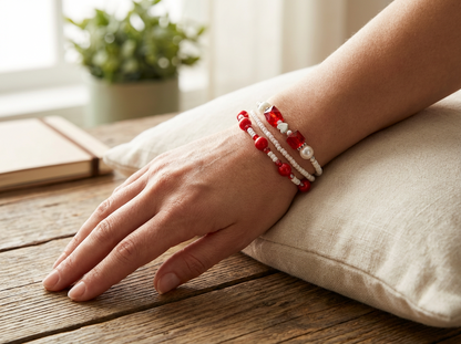 Hand wearing red and white beaded bracelets on a wooden surface with a pillow and plant in the background