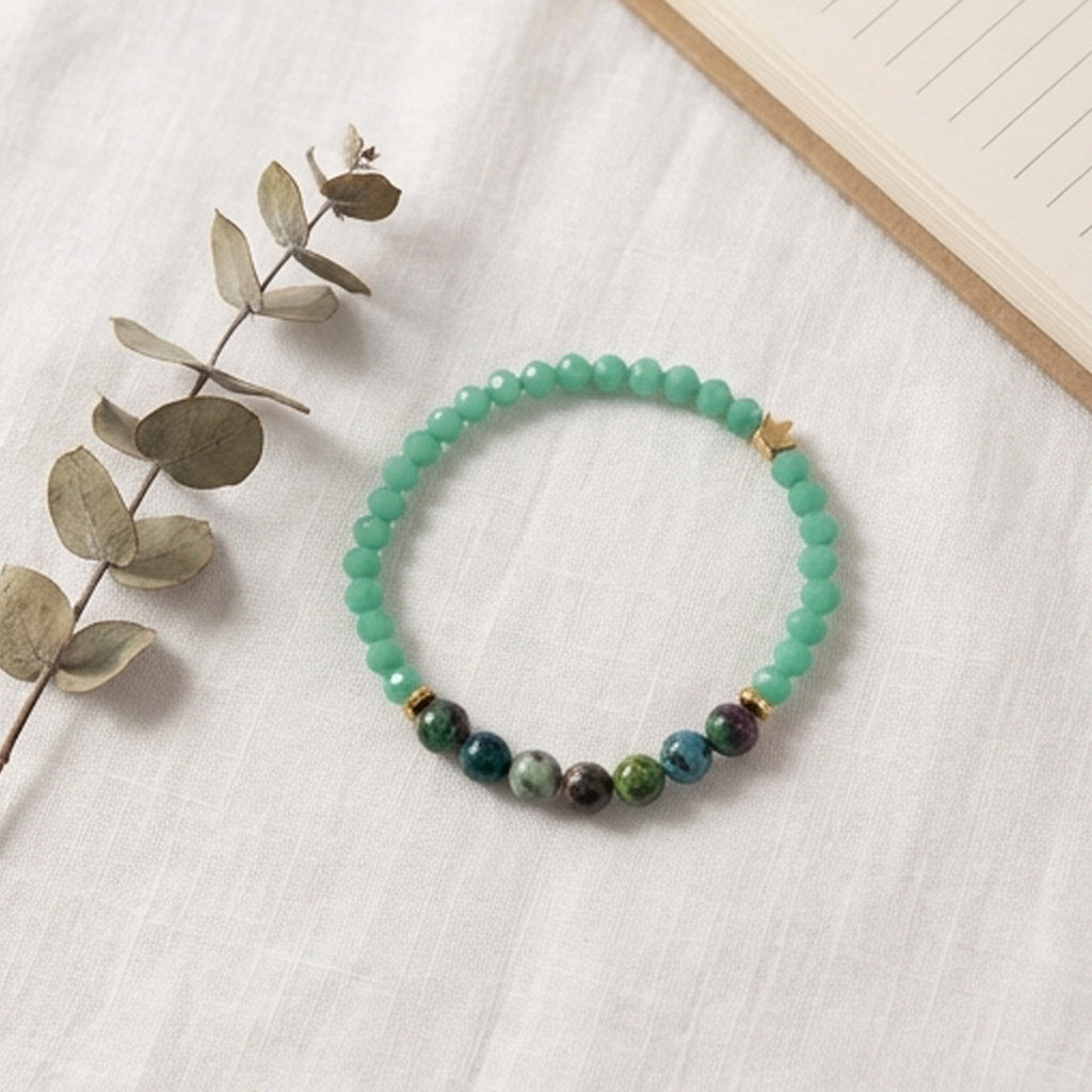 Ruby Zoisite and Green Agate Beaded Bracelet Natural Stone Gold Crown Charm Jewelry Earthy Handmade Boho Stacker