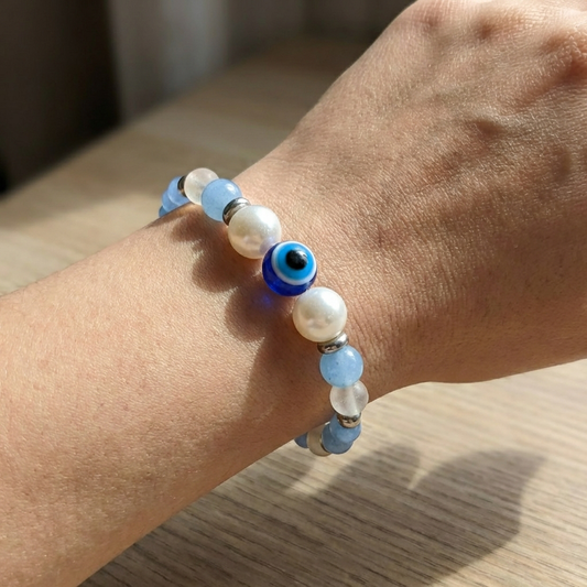 Handmade Blue Ombre Beaded Bracelet Sky Blue Agate and White Jade with Silver Accents Minimalist Stackable Jewelry Boho Style