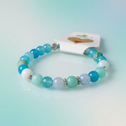 Handmade Blue Green Agate Gemstone Stretch Bracelet, Minimalist Boho Natural Stone