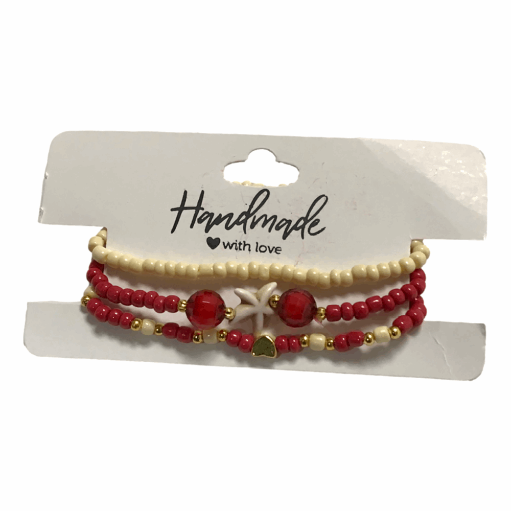 Handmade Red Cream Beaded Bracelet Set, Starfish and Heart Charm, Boho Ocean Jewelry