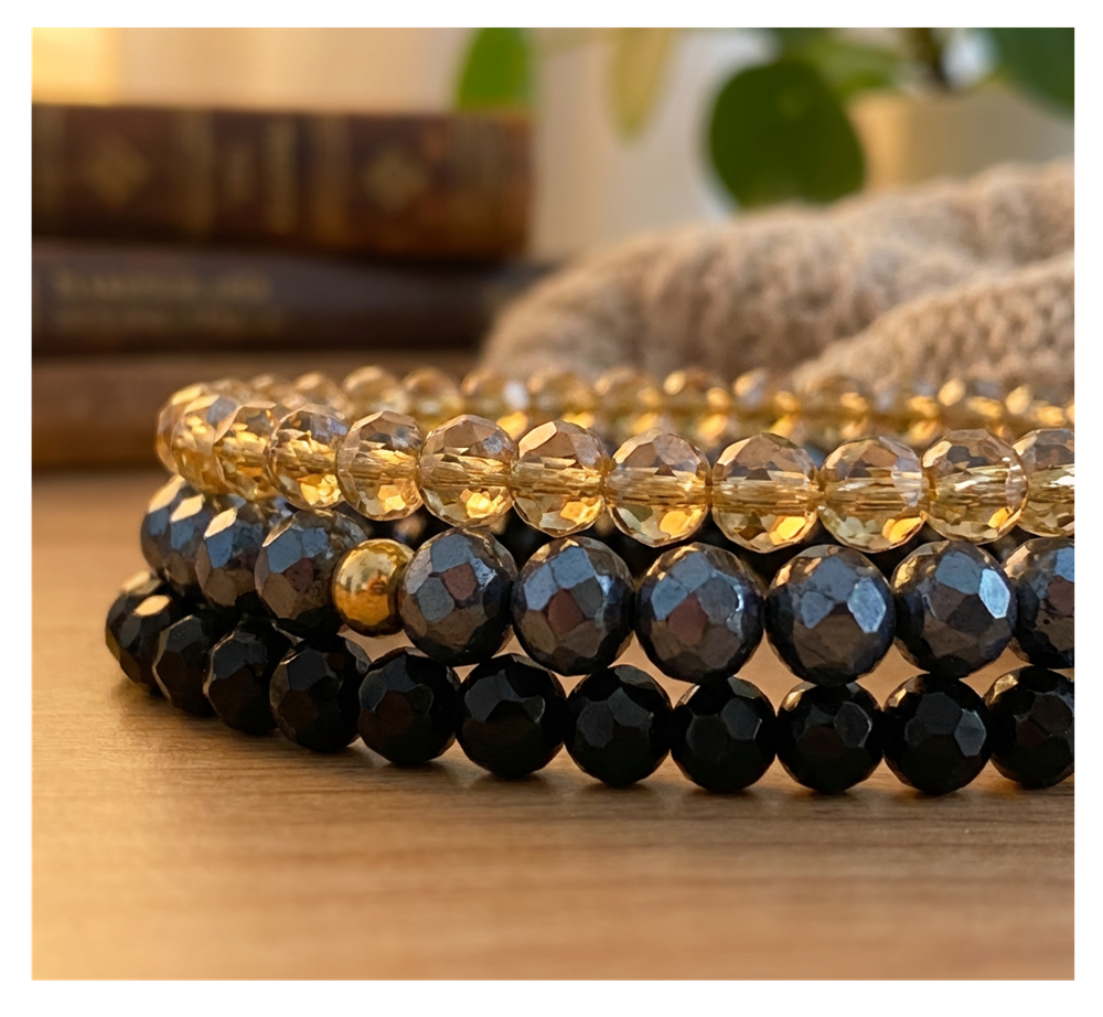 Handmade Black, Dark Grey, Light Amber Beaded Bracelet, Smoky Quartz & Obsidian Stack
