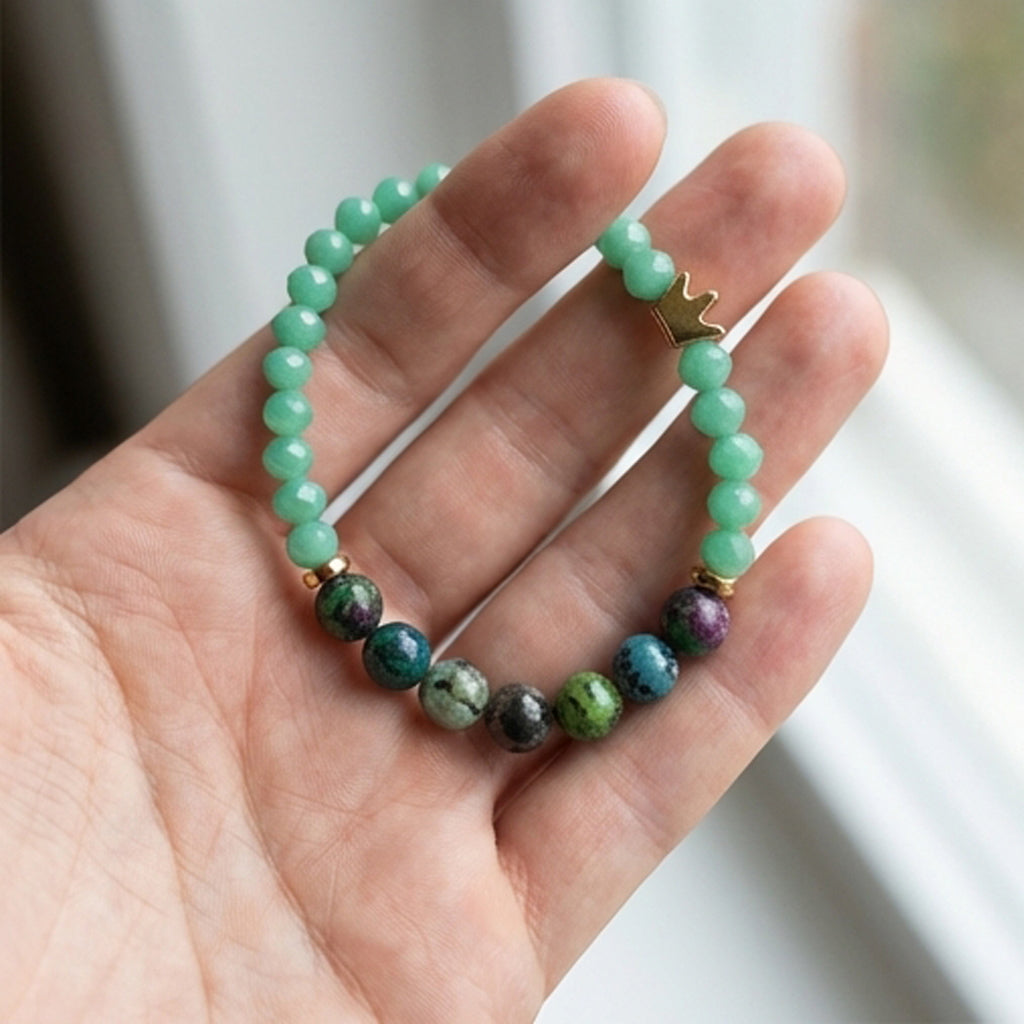 Ruby Zoisite and Green Agate Beaded Bracelet Natural Stone Gold Crown Charm Jewelry Earthy Handmade Boho Stacker