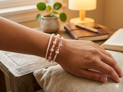 Handmade Pink White Pearl-Like Beaded Bracelet Set, Heart Charm, Boho Ocean Jewelry
