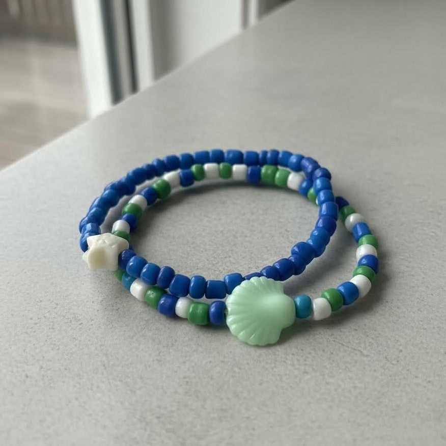 Blue & Green Ocean Bead Bracelet Set, Sea Shell & Starfish Charm Stack, Coastal Beach Jewelry Gift