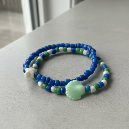 Blue & Green Ocean Bead Bracelet Set, Sea Shell & Starfish Charm Stack, Coastal Beach Jewelry Gift