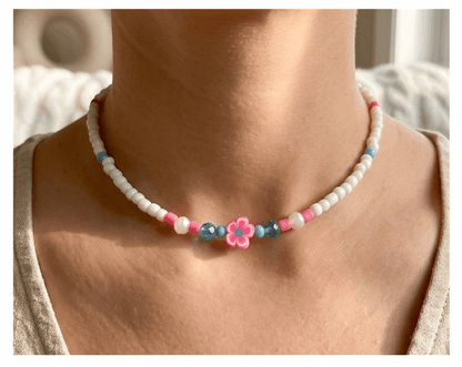 Handcrafted Pink Bloom Beaded Necklace, Metal-Plated Clasp w/ Extension Chain