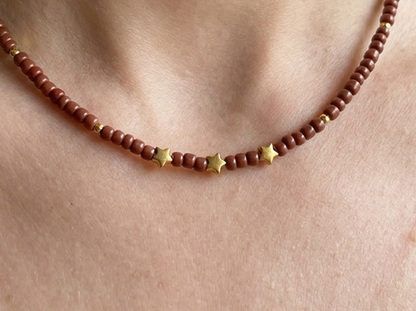 Brown Seed Bead Necklace with Gold Star Charms, Dainty Celestial Jewelry