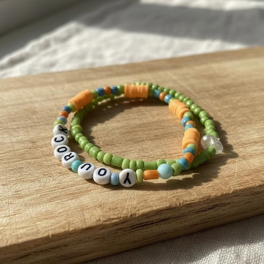 Green and Orange You Rock Letter Beads Bracelet Set, Handmade Stackable Jewelry, Personalized Gift For Her
