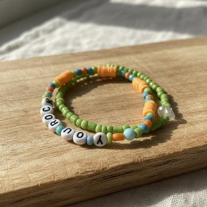Green and Orange You Rock Letter Beads Bracelet Set, Handmade Stackable Jewelry, Personalized Gift For Her