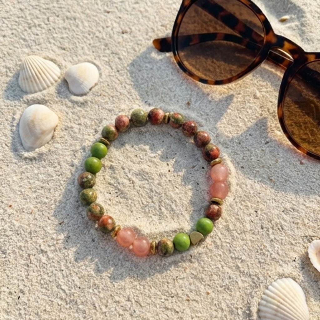 Earth Tone Beaded Bracelet, Green Pink Natural Stone with Heart Charm Stretch Gemstone, Boho Handmade Jewelry, Stackable
