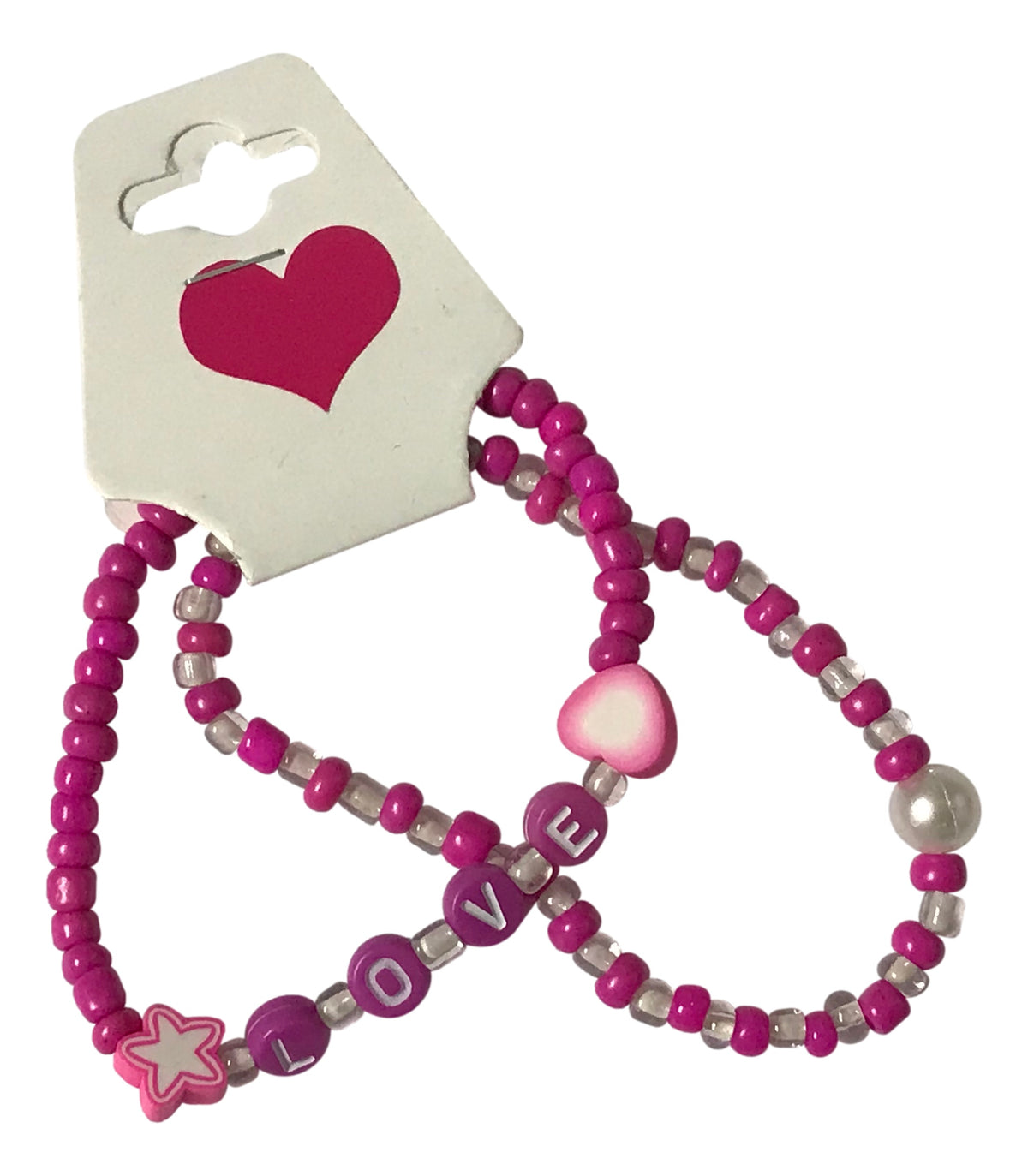 Handmade Pink Beaded Bracelet Set (2 pcs) – Heart & Star Charms with LOVE Letters, Pearl Accent, Cute Jewelry Gift for Kids/Teens