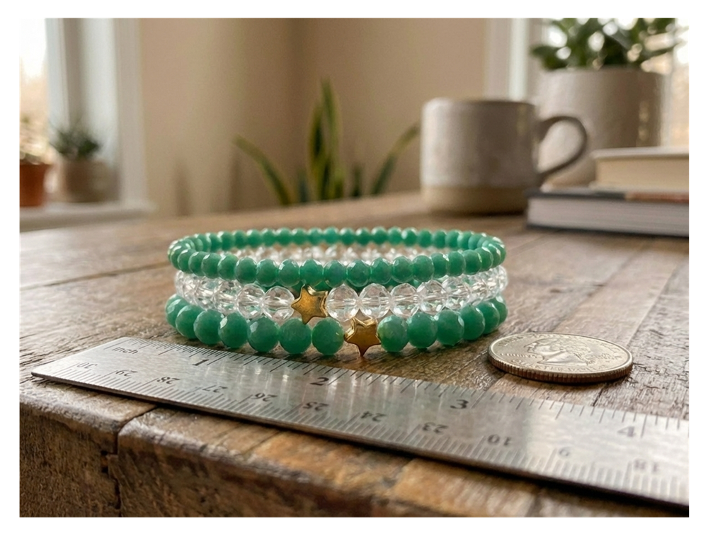 Handmade with Love Jade-Tone and Clear Crystal-style Beaded Bracelet Set