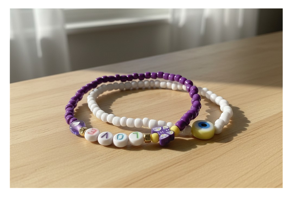 Handmade Purple Love Duo Beaded Bracelet with Accent Charms, Youth/Teen Jewelry, Novelty Bracelet, Boho-chic