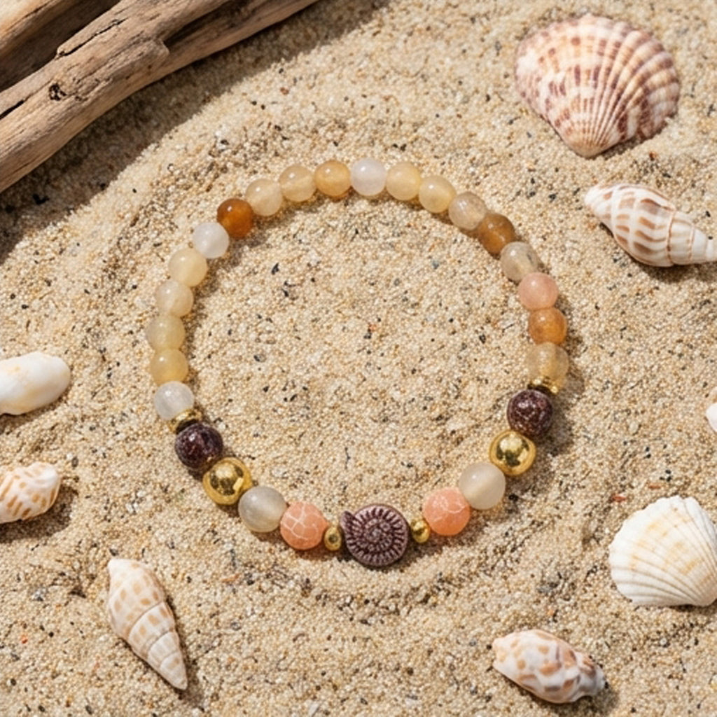 Beaded bracelet on sand with seashells