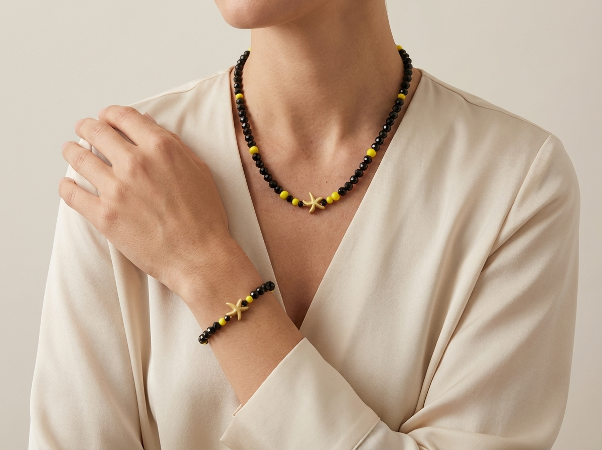 Handmade Starfish Necklace and Bracelet Set Black Faceted Beads with Yellow Accents
