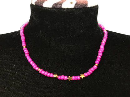 Handmade Pink Beaded Star Necklace, Gold Accents, Minimalist Choker Jewelry