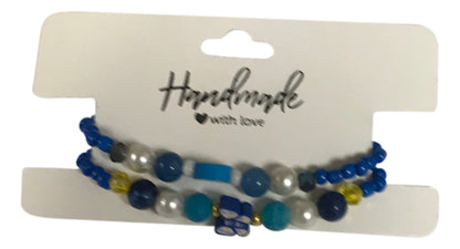 Handmade 2-Piece Blue Beaded Bracelet Set with Pearl-Style, Evil Eye & Butterfly Accents – Gift Jewelry, Boho Fashion Style