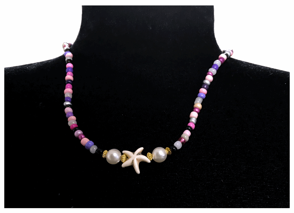 Handcrafted Lavender Caost Starfish and Pearl Necklace, Metal-Plated Clasp w/ Extension Chain