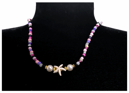 Handcrafted Lavender Caost Starfish and Pearl Necklace, Metal-Plated Clasp w/ Extension Chain
