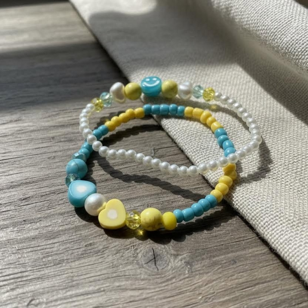 Blue Yellow Beaded Bracelet Set, Smiley Face Heart Bracelet, Colorful Friendship Jewelry, Faux Pearls Stackable Summer Gift