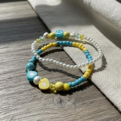 Blue Yellow Beaded Bracelet Set, Smiley Face Heart Bracelet, Colorful Friendship Jewelry, Faux Pearls Stackable Summer Gift