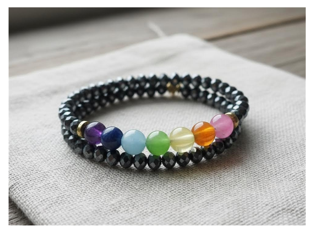 Multicolored beaded bracelet on a light fabric background