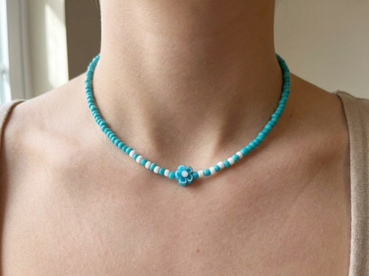 Turquoise Seed Bead Necklace with Flower Charm, Minimalist Floral Jewelry