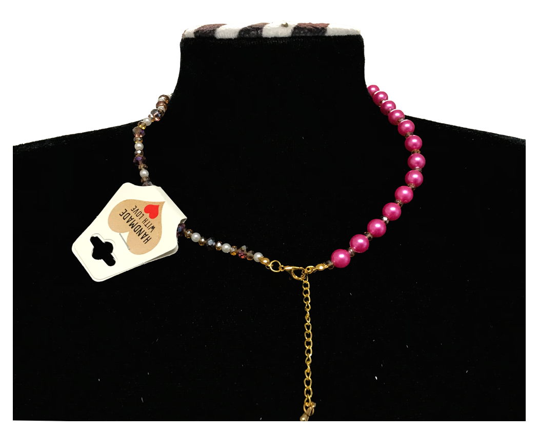 Handcrafted Pink Pearl-like Necklace with Faceted Crystal-style Beads, Metal-Plated Clasp w/ Extension Chain
