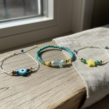 Evil Eye Star Bracelet Set, Turquoise Beach Friendship Bracelets, Handmade Coastal Jewelry Gift for Her