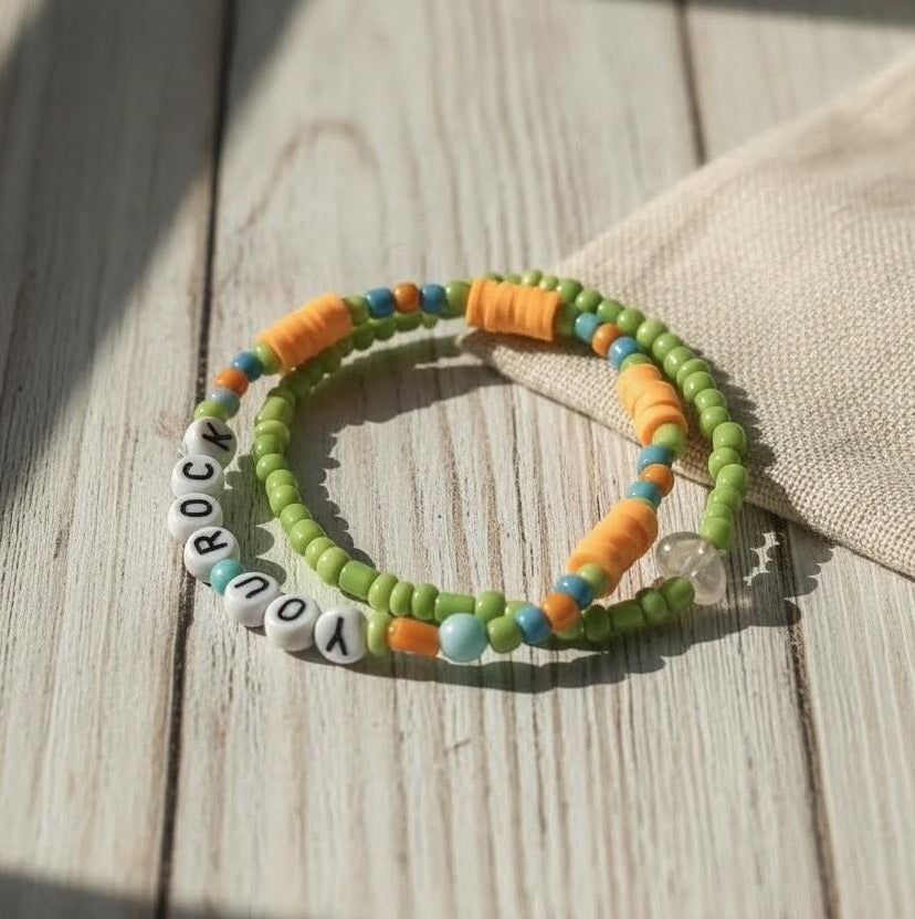 Green and Orange You Rock Letter Beads Bracelet Set, Handmade Stackable Jewelry, Personalized Gift For Her