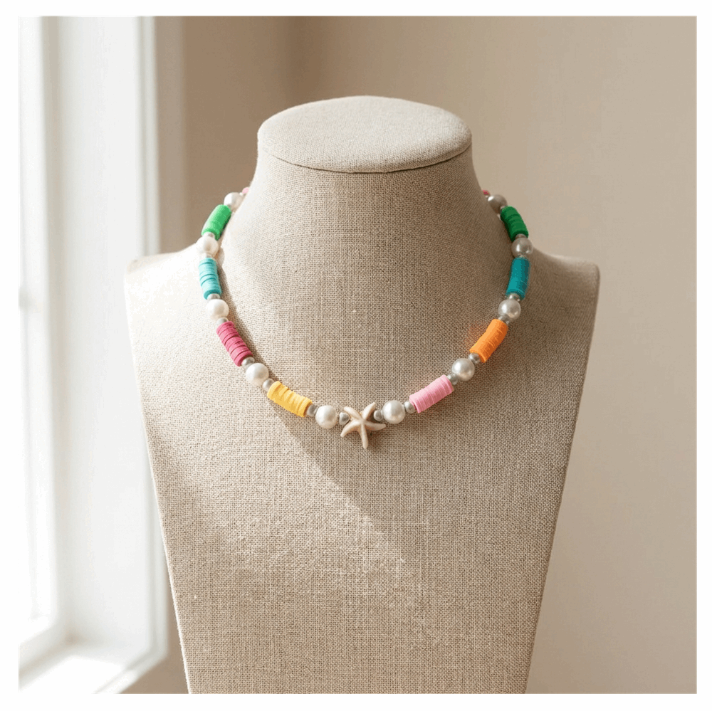 Handcrafted Summer Beach Pearl Necklace, Metal-Plated Clasp w/ Extension Chain