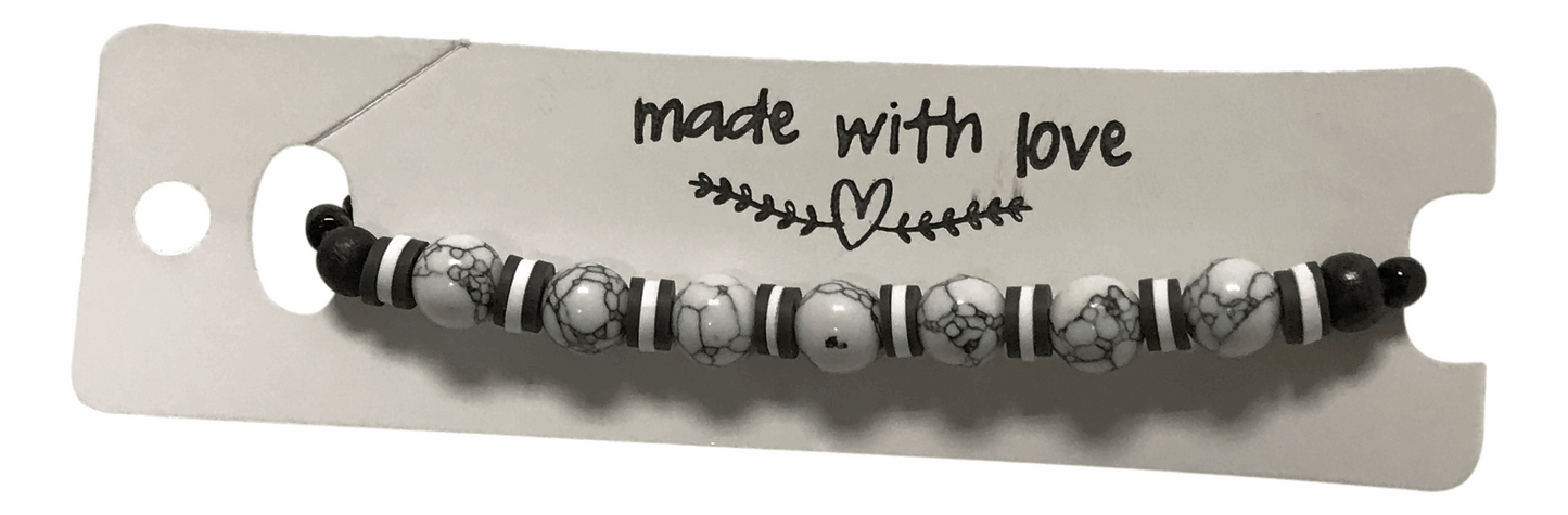 Haandmade White Howlite Turquoise & Black Onyx Stretch Bracelet, Black White Heishi Polymer Clay Spacer Beads, Boho Stone Jewelry