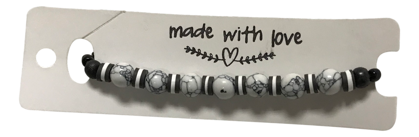 Handmade Beaded White Howlite-style & Black Onyx-style Stretch Bracelet, Boho Jewelry