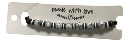 Handmade Beaded White Howlite-style & Black Onyx-style Stretch Bracelet, Boho Jewelry