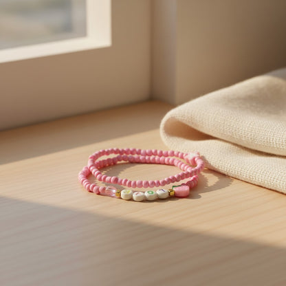 Pink Beaded Love Bracelet Set with Strawberry Charm, Cute Handmade Stretch Seed Bead Stackable Jewelry