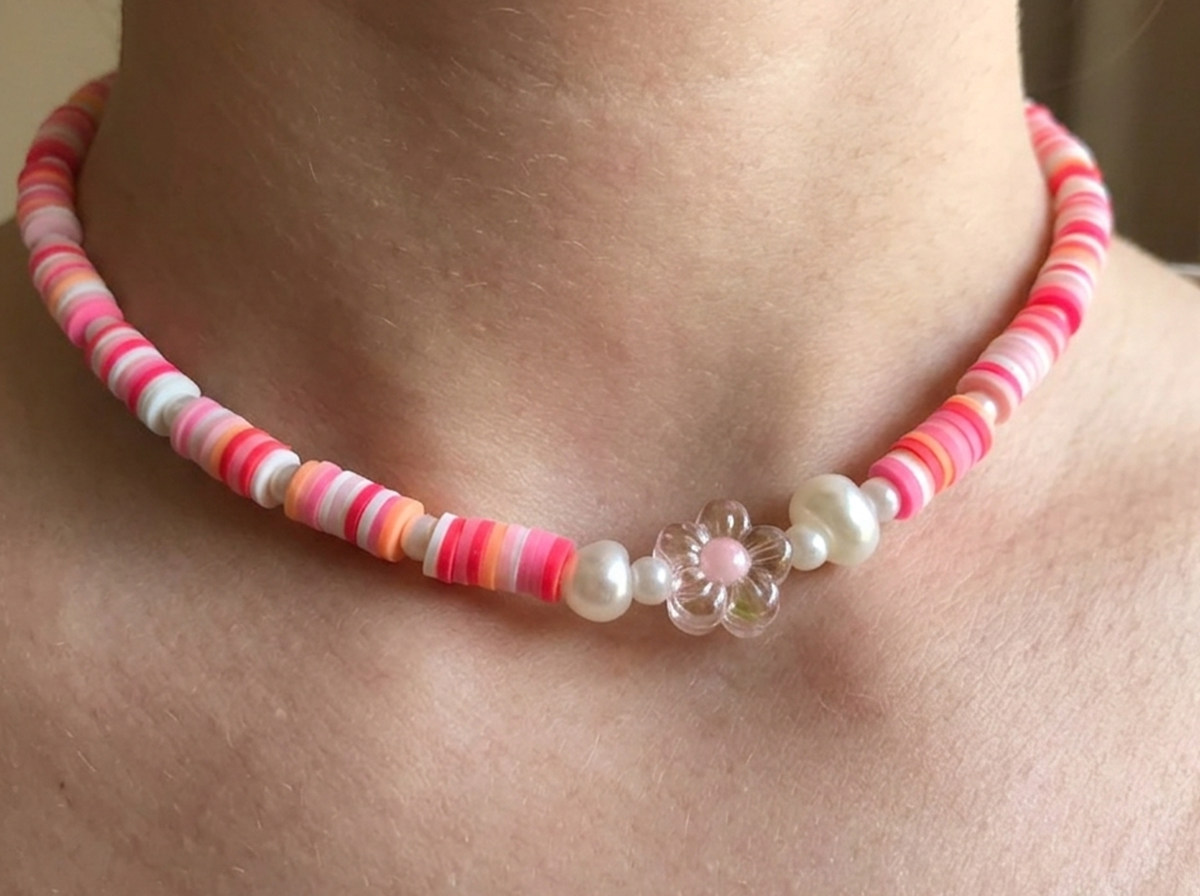 Pink Heishi Bead Necklace, Pastel Flower Charm, Surfer Beach Style Choker