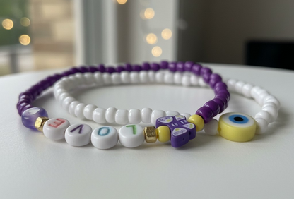 Handmade Purple Love Duo Beaded Bracelet with Accent Charms, Youth/Teen Jewelry, Novelty Bracelet, Boho-chic