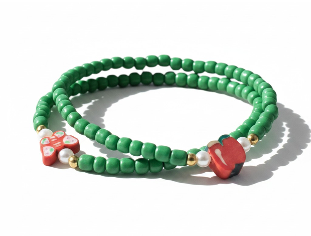 Handmade Solid Green Beaded Bracelet with Accent Charms, Novelty Jewelry, Boho-chic