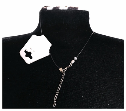 Handcrafted Flower-Butterfly Design Necklace with Acrylic White Pearl Beads, Black Cord, Lobster Claw with Extension Chain