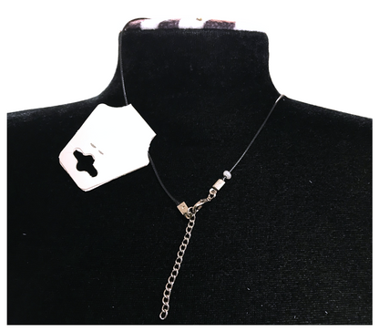 Handcrafted Flower-Butterfly Design Necklace with Pearl-like Beads, Black Cord, Lobster Claw with Extension Chain