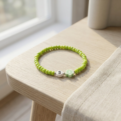 Green Initial Bracelet • Custom Flower Bead Bracelet • Personalized Gift for Her