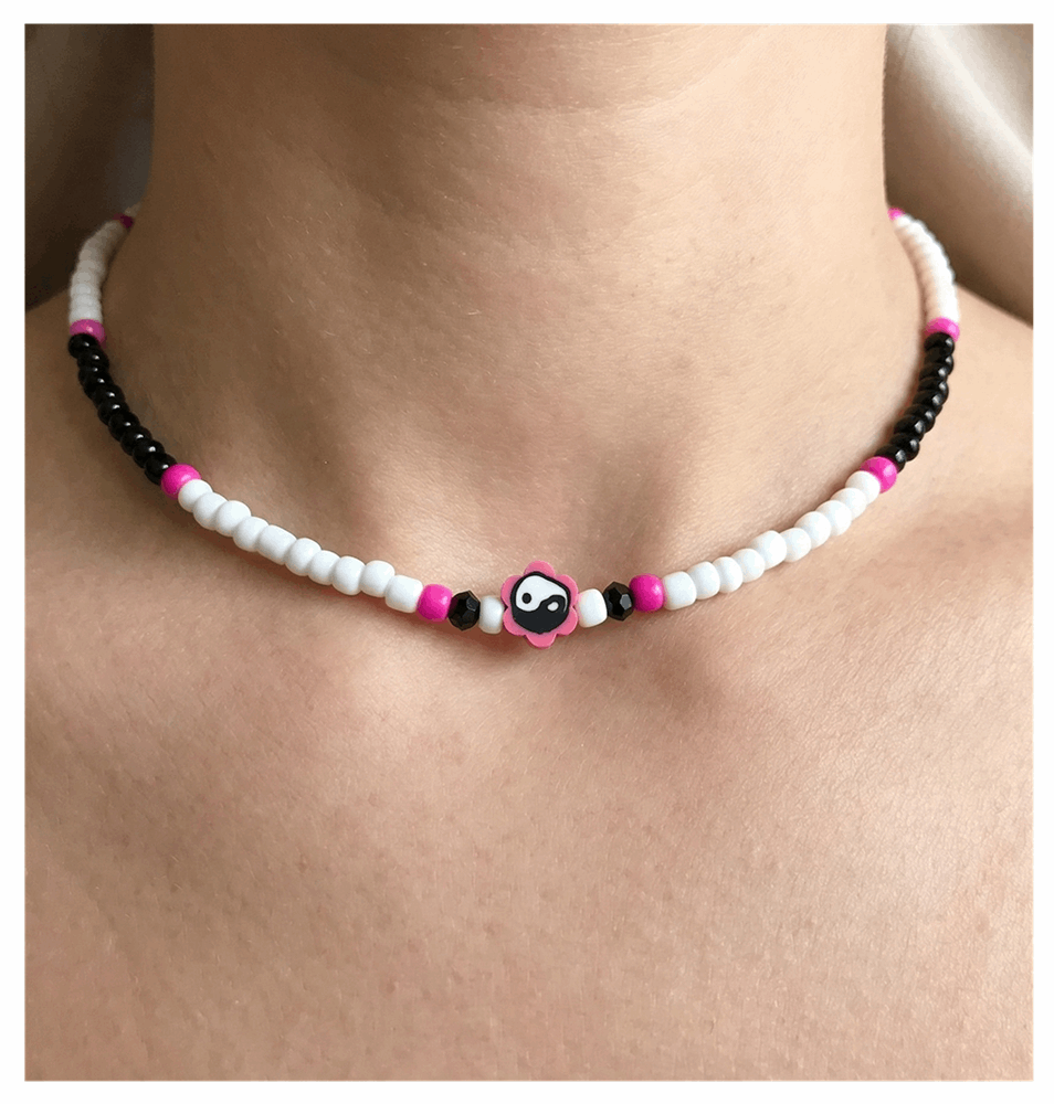 Handcrafted Petal Duality Beaded Necklace, Metal-Plated Clasp w/ Extension Chain