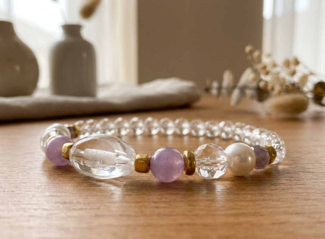 Handmade Beaded Bracelet - Lavender Amethyst-Style, Moonstone-Inspired & Pearl-Like Beads with Gold-Tone Accents and Clear Gemstone-Style Centerpiece